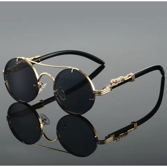 Vintage Round Sunglasses Men Fashion Double Bridge Black Gold Shades Women Retro - Picture 1 of 5